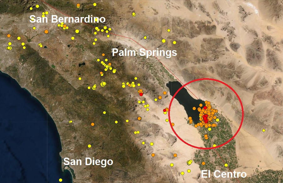 Each dot on this map represents where USGS has recorded the epicenter of an earthquake in the last 7 days, with an apparent cluster in the area south of the Salton Sea. Image: USGS