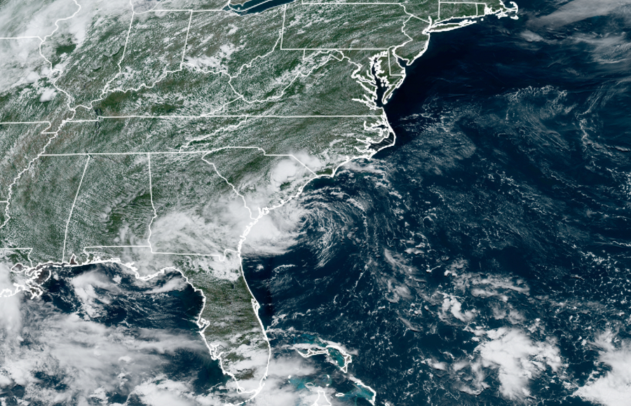 Tropical Depression #4 is expected to grow into Tropical Storm Danny this afternoon before making landfall in South Carolina.  Image: NOAA