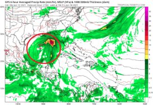 The GFS forecast model suggests some organization through the week. This is a simulated RADAR view of the Gulf for Friday afternoon based on the model data. Image: tropicaltidbits.com