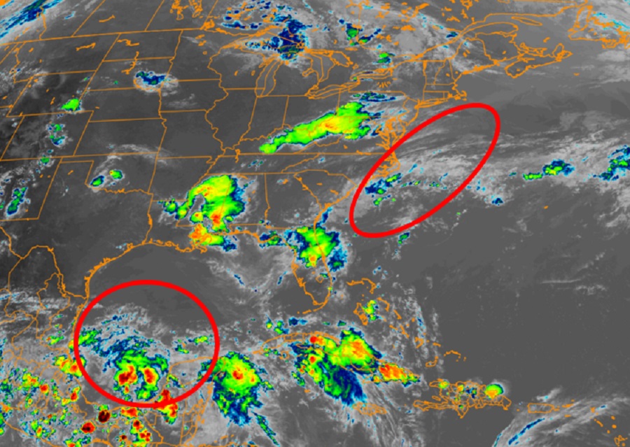 Two areas could develop into tropical cyclones; one is along the U.S. East Coast, the other is in the Gulf of Mexico. Image: NOAA