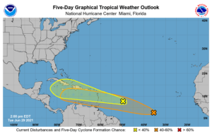 Two areas of trouble in the tropics that the National Hurricane Center is tracking. Image: NHC