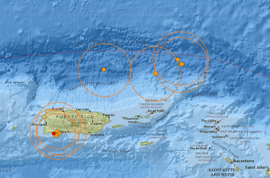 Several earthquakes have struck near the U.S. Virgin Islands and Puerto Rico over the last 24 hours.  Image: USGS