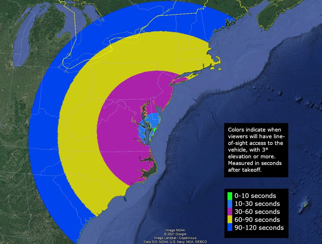 The rocket carrying the classified payload, along with its contrail, could be visible in the morning sky across the Mid Atlantic. Image: NASA Wallops
