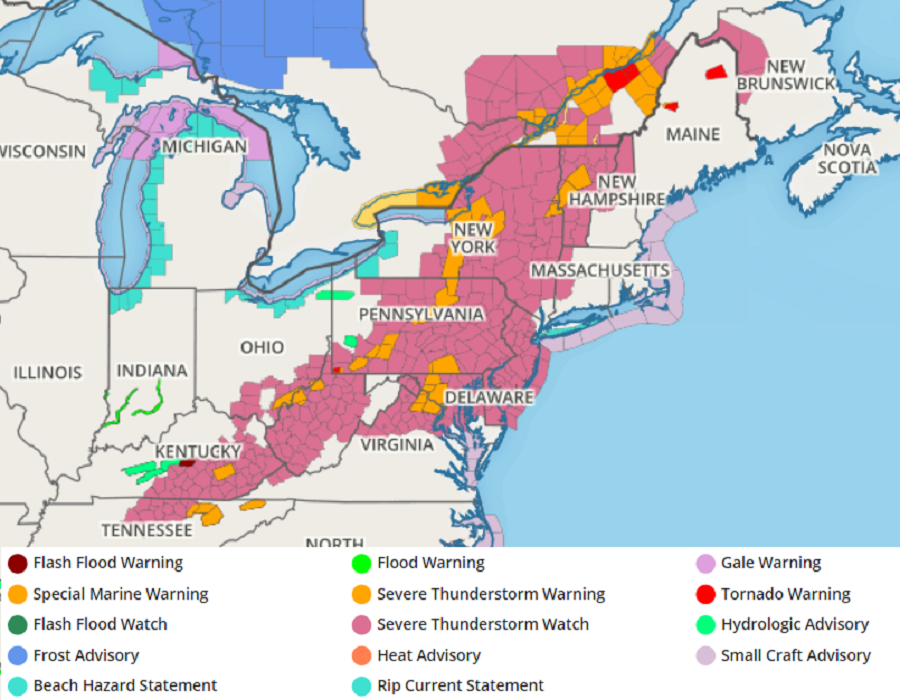 The area in pink is under a Severe Thunderstorm Watch while the orange areas within it are where Severe Thunderstorm Warnings are also in effect. Image: weatherboy.com