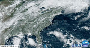 The latest satellite loop from the GOES-East weather satellite shows the disturbance in the eastern Atlantic heading west to the U.S. southeast coast. Image: NOAA