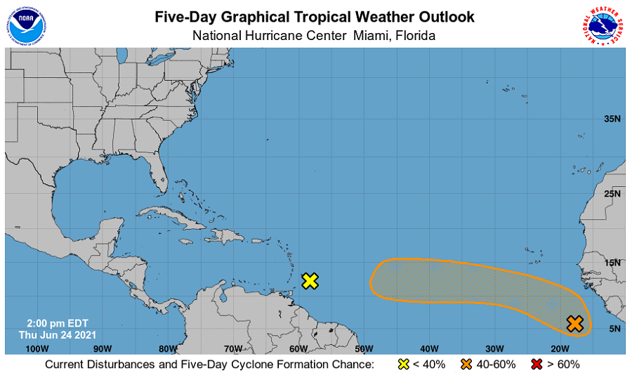 The National Hurricane Center is monitoring an area for tropical cyclone development over the central and eastern Atlantic. Image: NHC