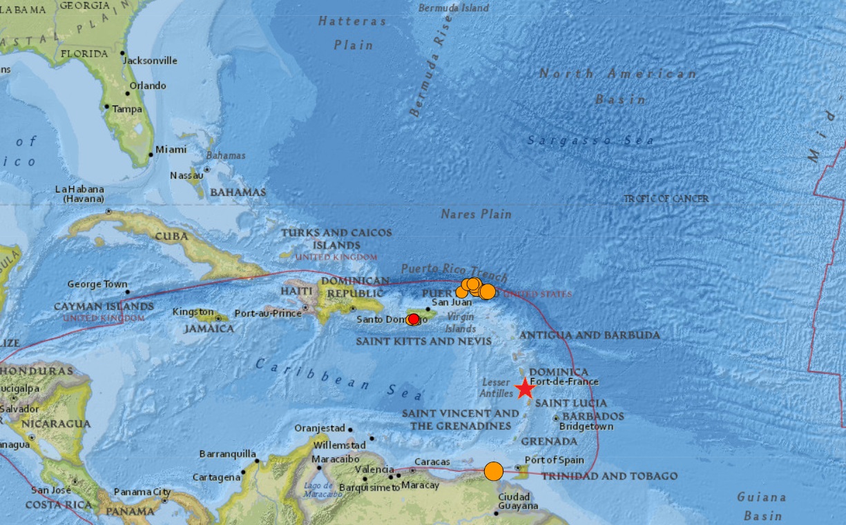 A series of earthquakes have rocked the Caribbean today, with each epicenter marked by an orange or red dot. The red star marks the spot a new volcanic eruption could occur in the coming days or weeks. Image: USGS