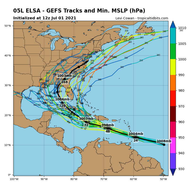 Different computer models suggest different landfall scenarios on the U.S. Gulf and East Coasts.  Image: tropicaltidbits.com