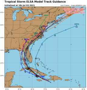 These lines indicate computer model generated track possibilities for where the center of Elsa could move with time. The solid black line is the official forecast track from the National Hurricane Center. Image: tropicaltidbits.com