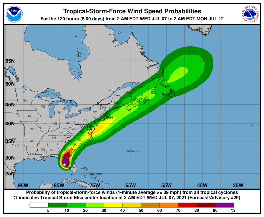 Tropical storm force winds could threaten a large part of the East Coast and East Coast off-shore waters. Image: NHC