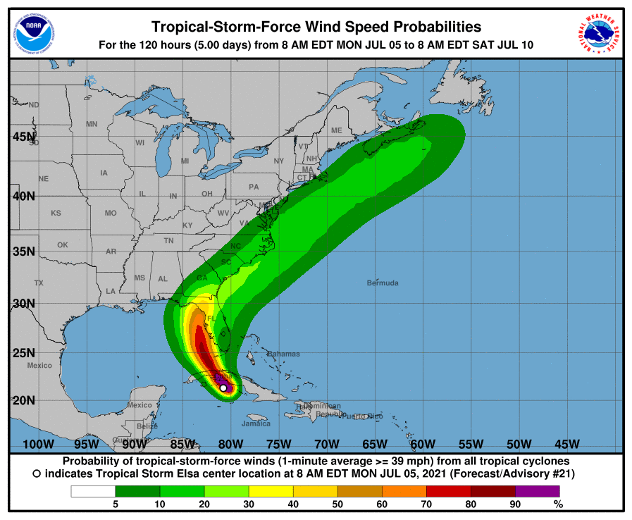 Tropical storm winds will spread across Florida and up the southeast coast with time.  Image: NHC
