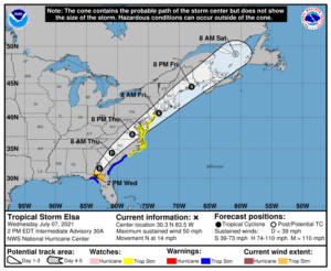 The latest forecast track for Tropical Storm Elsa from the National Hurricane Center. Image: NHC