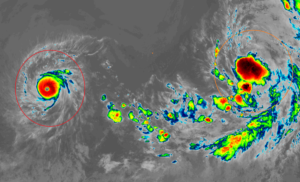 Major Hurricane Felicia, in red, and Tropical Storm Guillermo, in orange, are marching west across the eastern Pacific Ocean. Image: NOAA