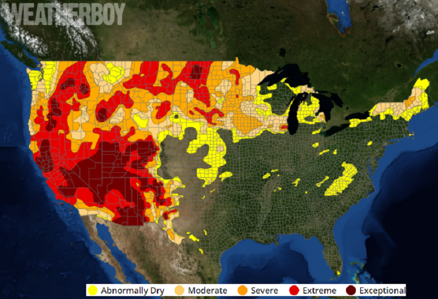 The latest Drought Monitor Map shows conditions getting worse across the western U.S.. Image: weatherboy.com