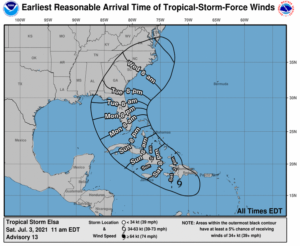 Tropical storm force winds are expected to impact the southeastern U.S. no earlier than the times shown on this map. Image: NHC