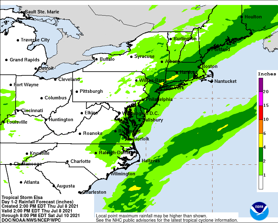Heavy rains will pour from Elsa over the next 24 hours. Image: NHC