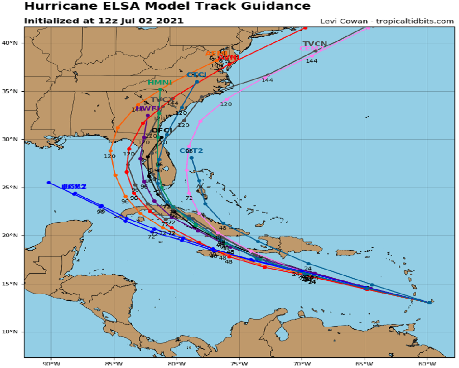 Latest computer forecast guidance for Hurricane Elsa shows many potential aths that bring it over the eastern U.S. with time. Image: tropicaltidbits.com