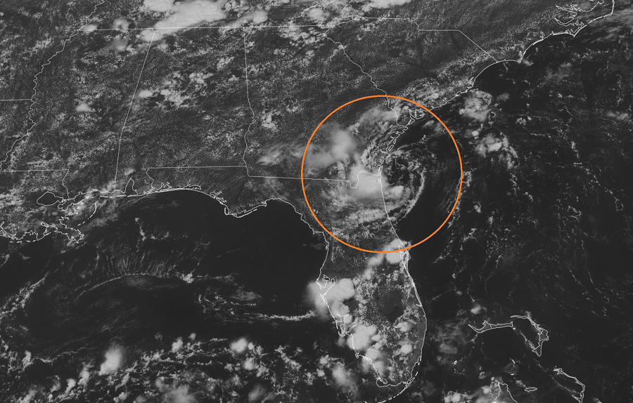 The tropical disturbance is moving inland into portions of Georgia and Florida now. Image: NOAA