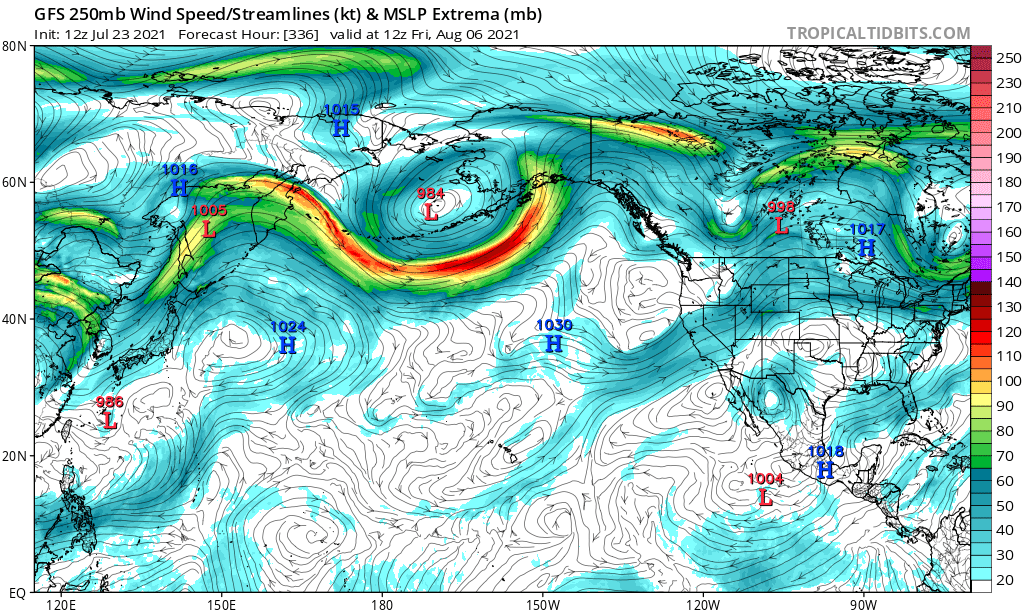 Forecast  output from the American GFS computer model shows 250mb wind speeds and streamlines indicating the likely path any radioactive matter released from China would enter North America.  Image: tropicaltidbits.com