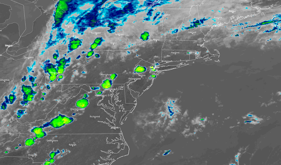 The current satellite view from GOES-East shows thunderstorms blossoming across portions of the northeast now.  Image: NOAA