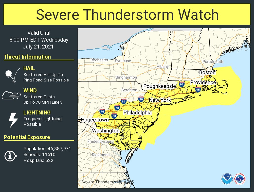 A Severe Thunderstorm Watch is in effect for the yellow area. Image: NWS