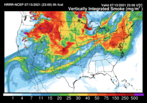 Smoke is covering a large part of the United States, with portions of the northeast seeing smokey skies from western fires. Image: NWS