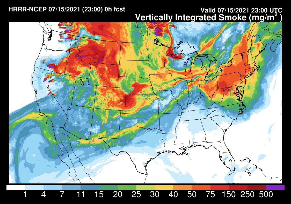 Smoke is covering a large part of the United States, with portions of the northeast seeing smokey skies from western fires. Image: NWS