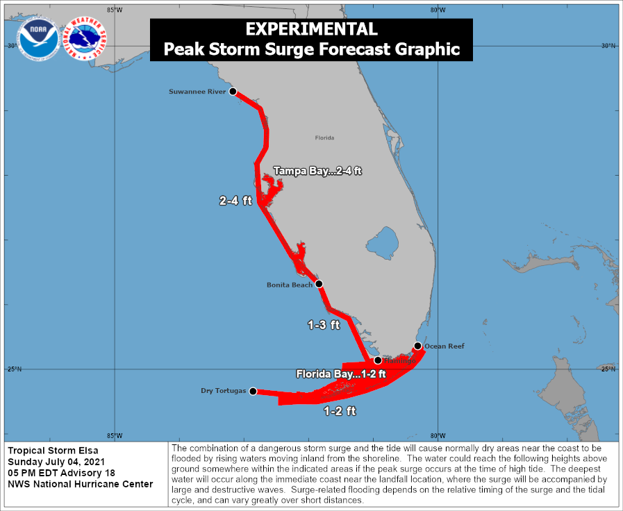 The red areas reflect where the National Hurricane Center believes a storm surge is possible from Elsa. Image: NHC