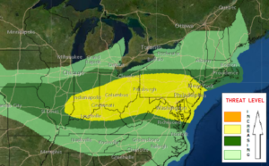The yellow area has the highest risk of seeing severe weather on Thursday. Image: NWS