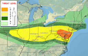 While severe storms are very possible in the yellow region, the greatest chance for violent weather is in the orange zone that stretches from southern Pennsylvania and eastern Maryland into Delaware and New Jersey. Image: NWS