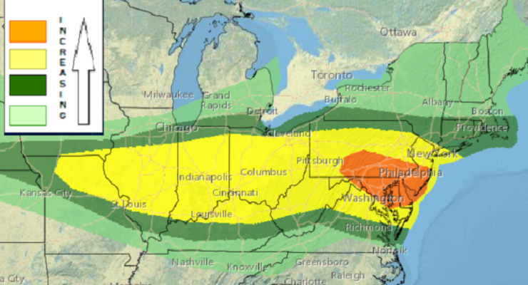 While severe storms are very possible in the yellow region, the greatest chance for violent weather is in the orange zone that stretches from southern Pennsylvania and eastern Maryland into Delaware and New Jersey. Image: NWS
