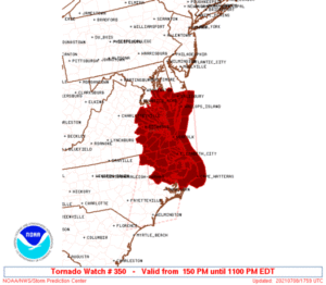 Current Tornado Watch in effect for portions of the Mid Atlantic.  Image: NWS