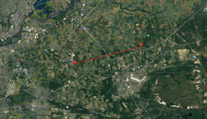 The tornado touched down across the street from the Columbus Market in Burlington County and traveled north and east in parallel to the Ft. Dix - McGuire Joint Base. Image: Google
