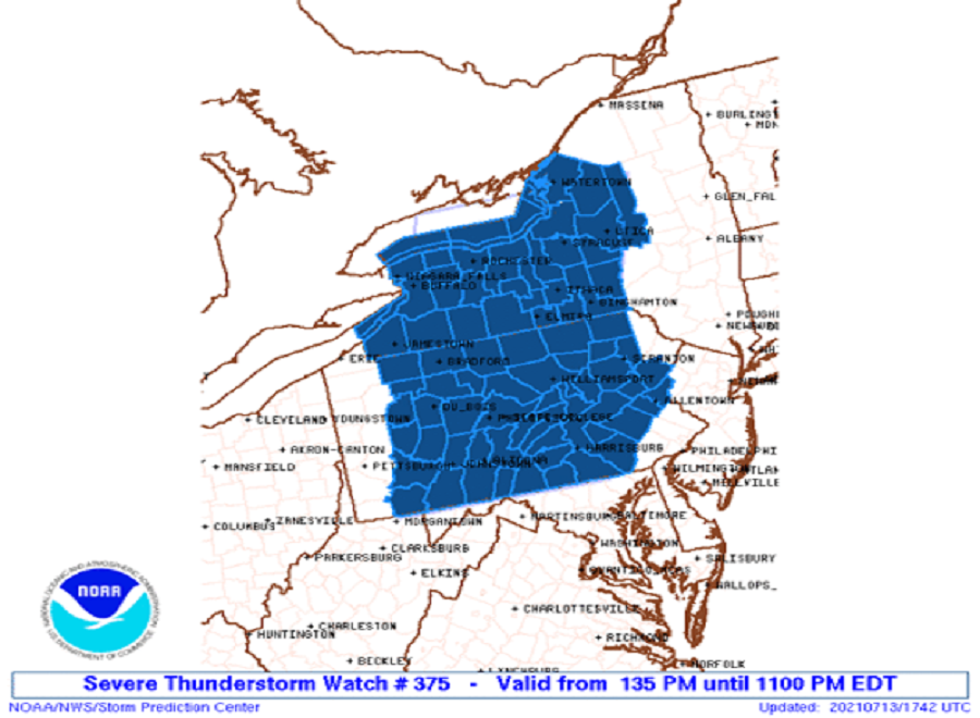 A Severe Thunderstorm Watch is in effect in the blue shaded area. Additional watches and warnings may become necessary later today. Image: NWS