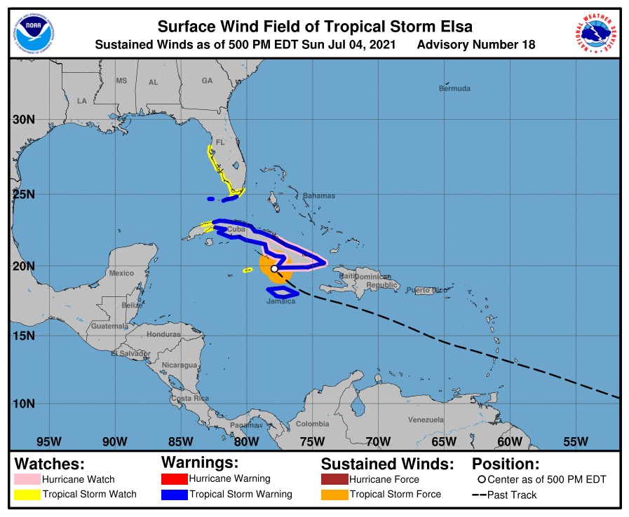 Latest tropical storm and hurricane watches/warnings for Elsa. Image: NHC
