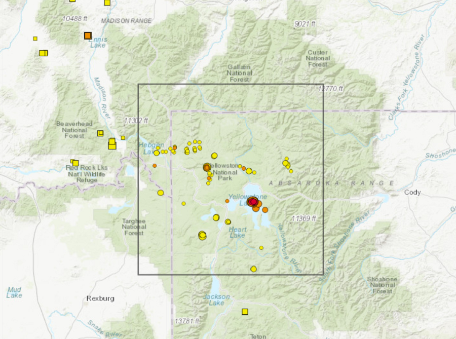 Today's earthquake swarm is centered under Yellowstone Lake. Image: USGS