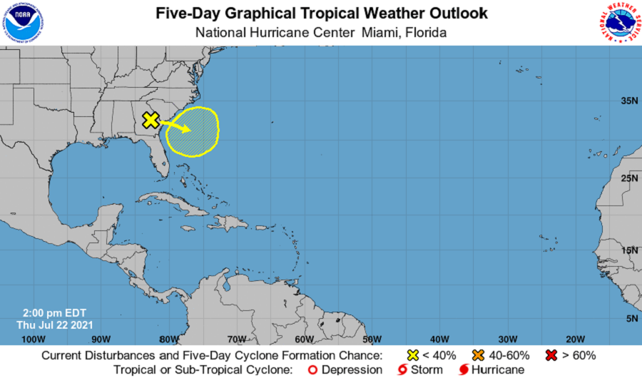The area in yellow is being monitored for possible tropical cyclone development in the coming days by the National Hurricane Center. Image: NHC
