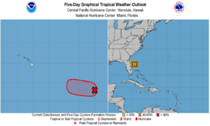 The latest Tropical Outlook from the National Hurricane Center shows a disturbance approaching Hawaii while another approaches Florida. Image: NHC