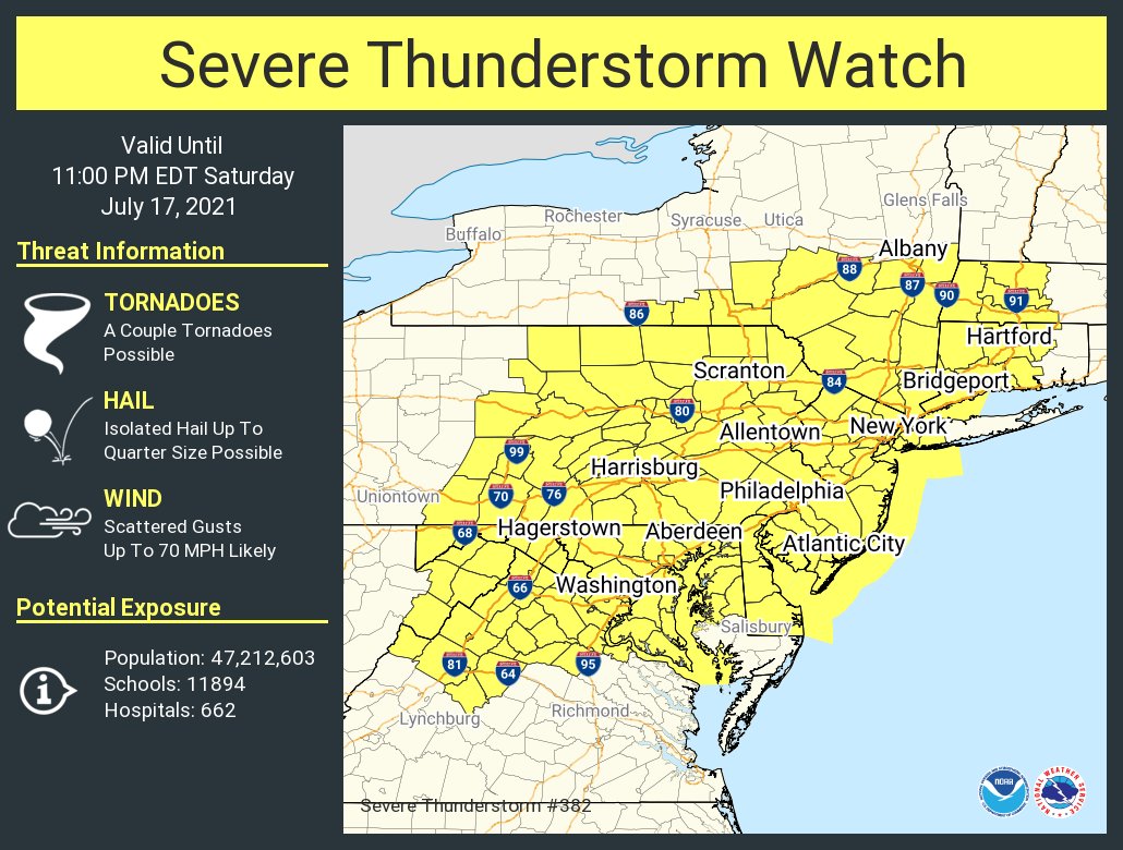 A Severe Thunderstorm Watch is now in effect in the yellow area.  Image: NWS