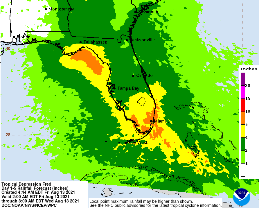 Very heavy rain is expected from Fred. Image: NHC