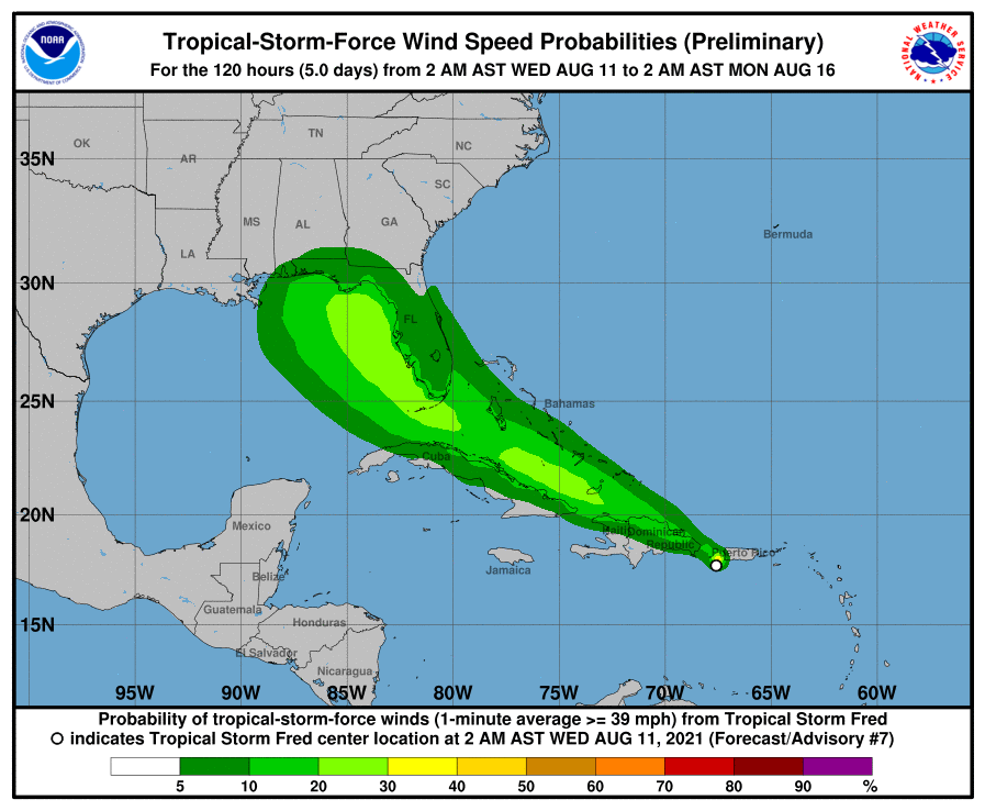 Latest tropical storm force wind forecast outlook from the National Hurricane Center.  Image: NHC