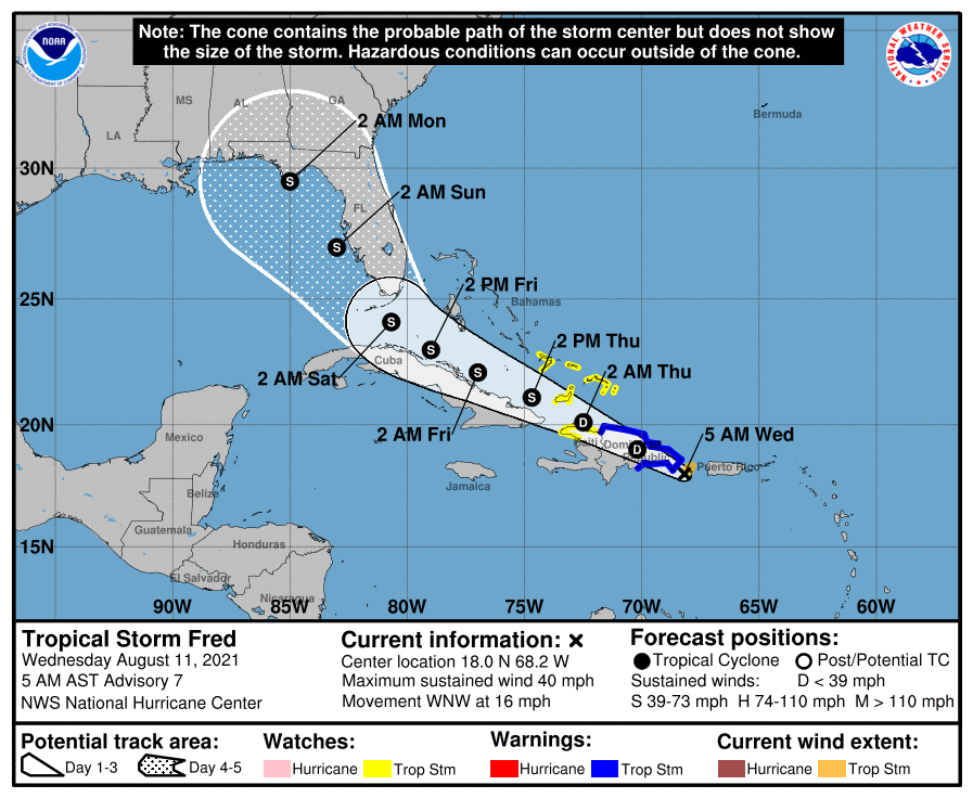 Latest official track for Tropical Storm Fred from the National Hurricane Center.  Image: NHC