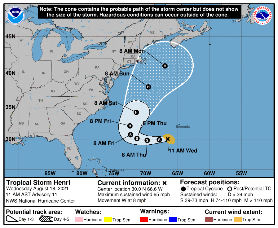 The latest track for Henri shows a shift closer to the U.S. East Coast, and additional adjustments will likely be necessary as new weather data arrives at the National Hurricane Center. Image: NHC