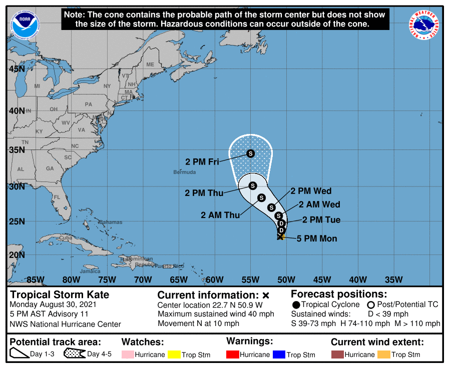 Latest track for Kate from the National Hurricane Center.  Image: NHC