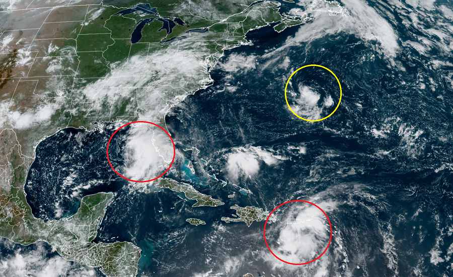 The National Hurricane Center is tracking Tropical Storm Fred in the Gulf of Mexico, Tropical Storm Grace near Puerto Rico, and a third system that could become a tropical cyclone near Bermuda. Image: NOAA