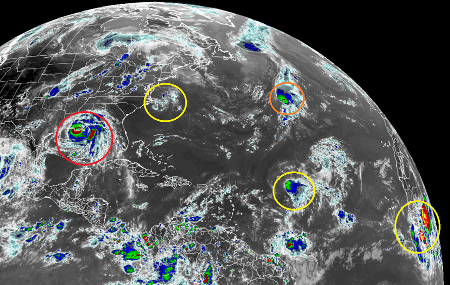 The tropics are busy! Hurricane Ida is circled in red, left, and Tropical Storm Julian is circled in red, center. Tropical Depression #10 is the middle yellow circle; the areas off the Mid Atlantic Coast and coming off the Africa coast are also being monitored for development. Image: NOAA