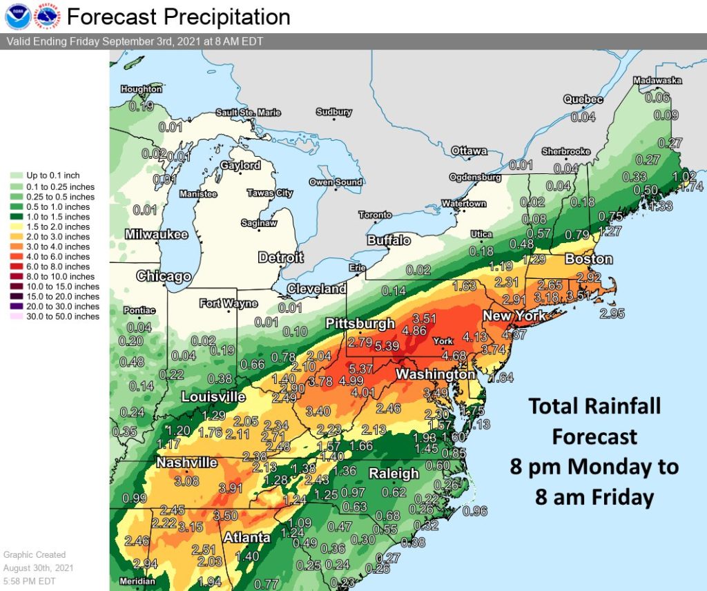 Portions of New Jersey, Pennsylvania, and New York could see some of Ida's heaviest rains in the coming days. Image: NWS