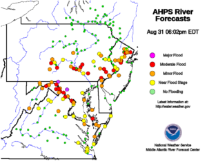 The National Weather Service Mid Atlantic River Forecast Center believes more than 50 sites it monitors will be at moderate flood condition or worse at some point tomorrow. Image: NWS