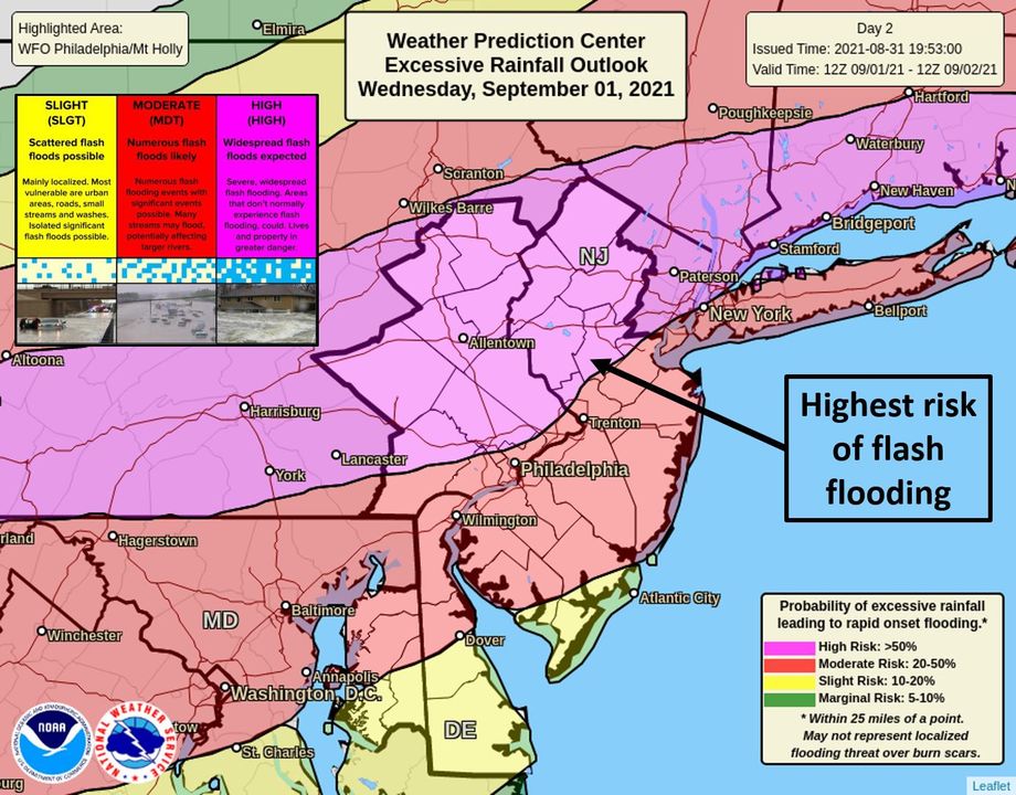 A very serious flood situation is going to unfold on Wednesday as extremely heavy rain impacts portions of Pennsylvania, New Jersey, and New York. Image: NWS