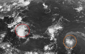 The red circle indicates where Fred is now, while the orange circle shows where Tropical Depression #7 is. Over time, #7 may become Grace. Image: NOAA